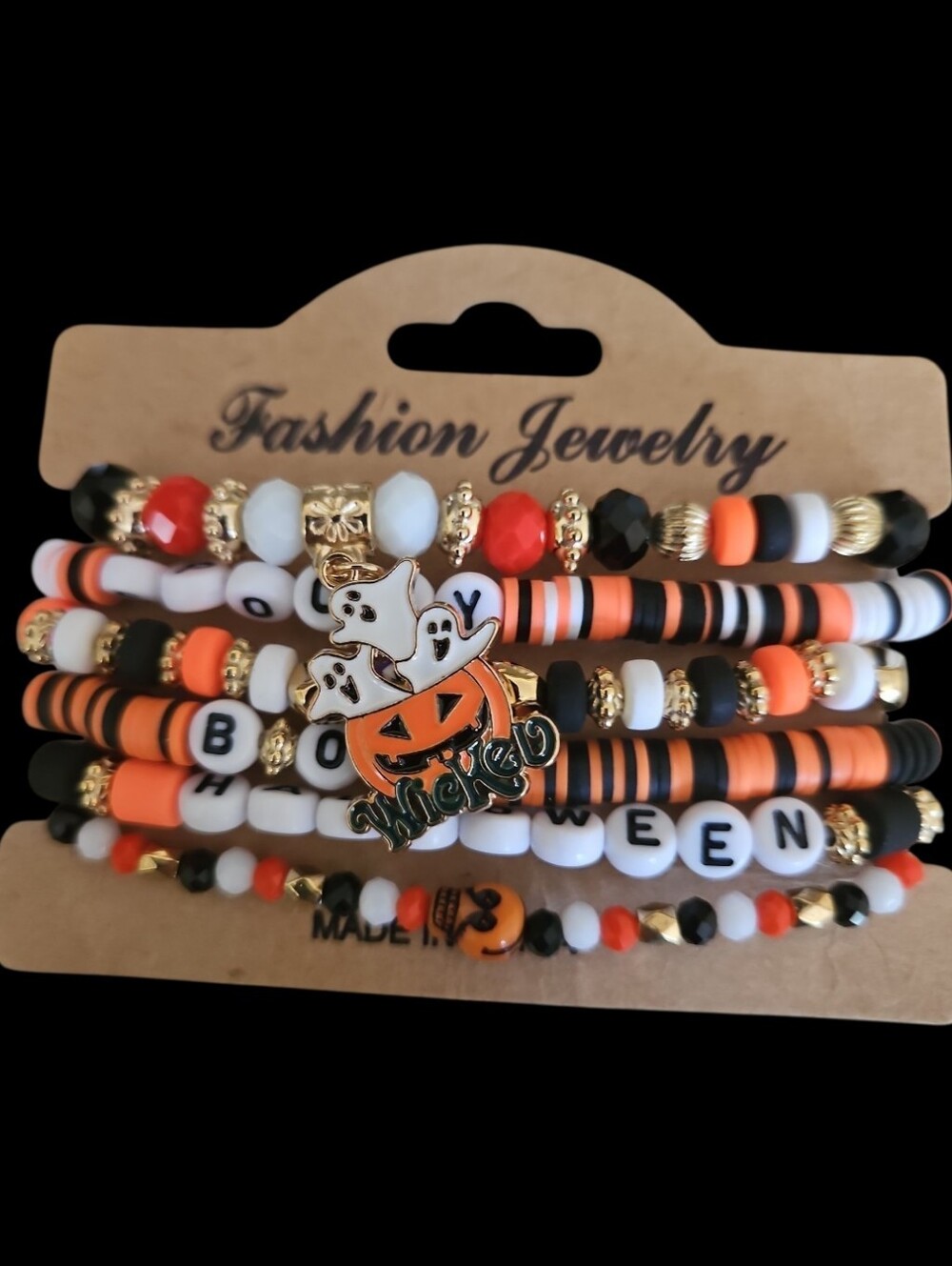4 for $24 | Halloween Pumpkin & Ghost Beaded Bracelet Set - Orange White Black